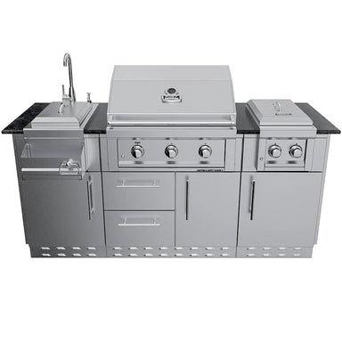 Straight-on view of the Sunstone Caprice 6.4ft modular grill island with all component lids closed and sleek metal finishes.