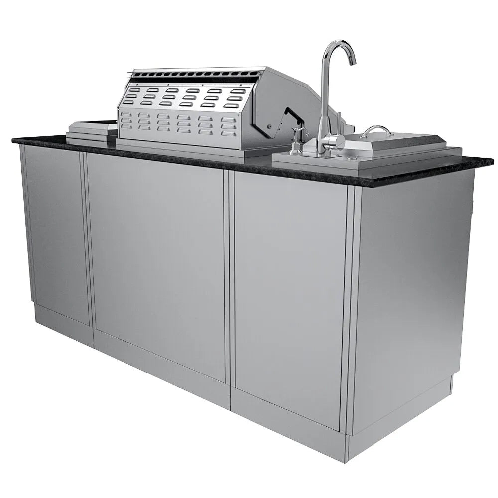 Rear perspective view of the Sunstone Caprice 6′4″ outdoor grill island featuring a stainless steel cabinet base, dark granite countertop, integrated gas grill, and a tall gooseneck sink faucet.