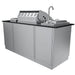 Rear perspective view of the Sunstone Caprice 6′4″ outdoor grill island featuring a stainless steel cabinet base, dark granite countertop, integrated gas grill, and a tall gooseneck sink faucet.
