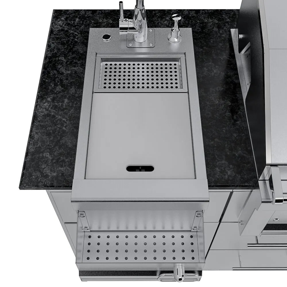 Top-down view of the Sunstone Caprice grill island cocktail station featuring a stainless steel sink with a matching cover, faucet, and built-in soap dispenser on a dark granite countertop.