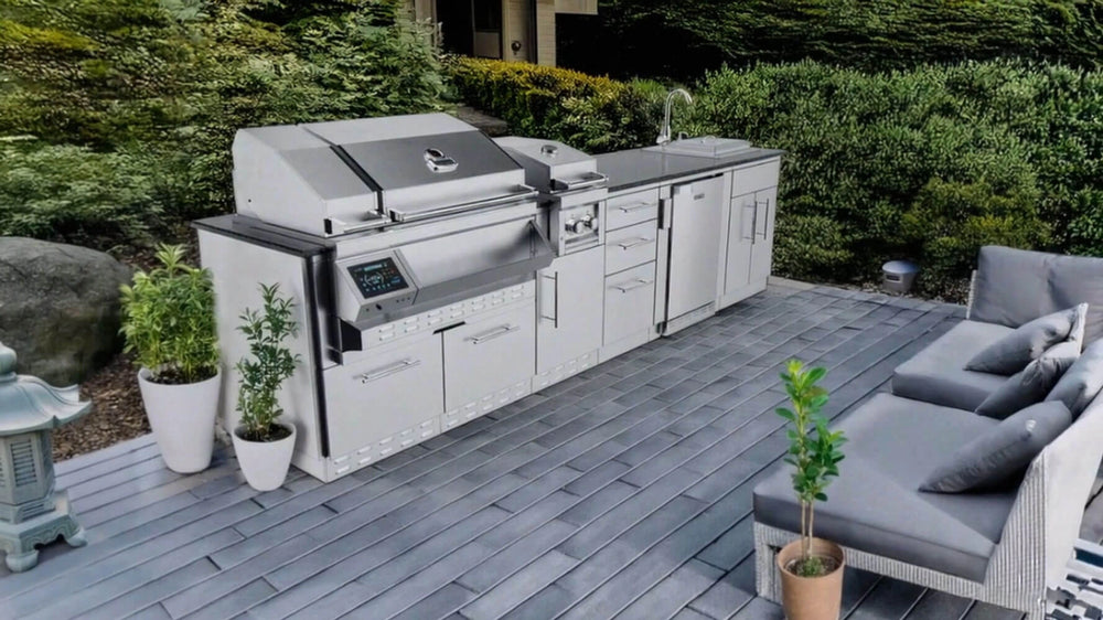 Sunstone SCPCYPRESS11.6 Cypress Outdoor Kitchen Island installed on modern patio with stainless grill, side burner, sink, fridge, and storage cabinets.