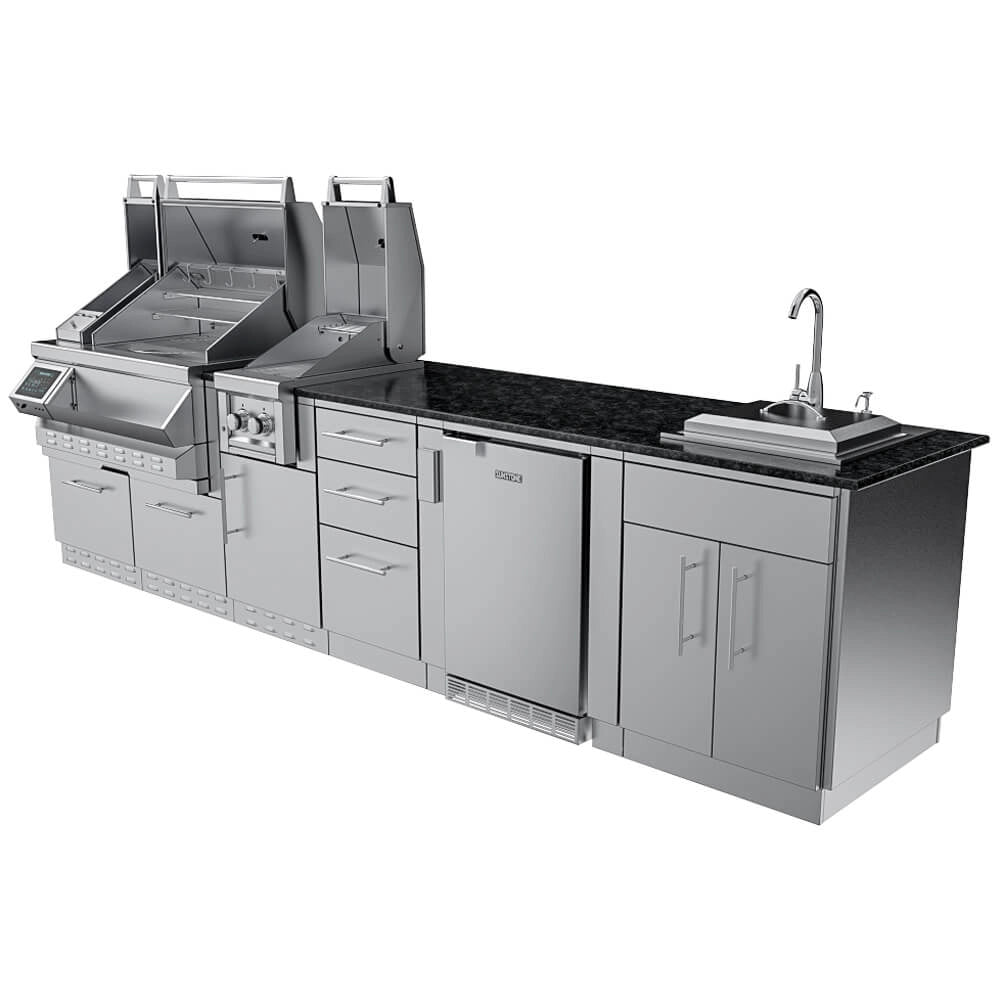 Sunstone SCPCYPRESS11.6 Cypress Outdoor Kitchen Island with stainless grill, side burner, drawers, 21" outdoor fridge, and sink on dark countertop.