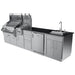 Sunstone SCPCYPRESS11.6 Cypress Outdoor Kitchen Island with stainless grill, side burner, drawers, 21" outdoor fridge, and sink on dark countertop.