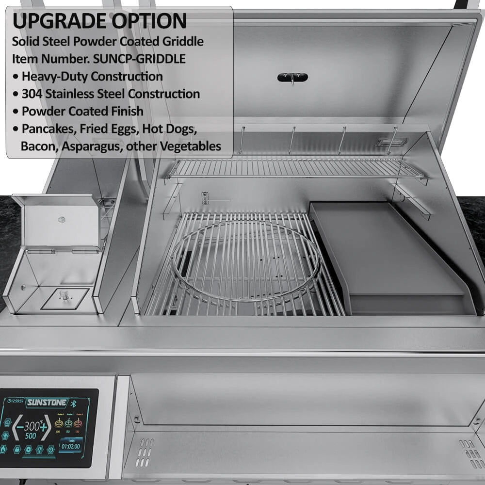 Sunstone Cypress grill with solid steel griddle upgrade insert installed inside stainless cooking chamber and warming rack.