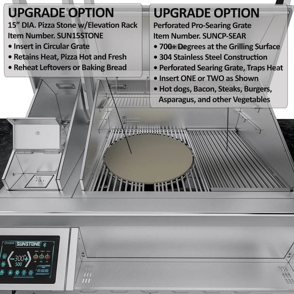 Sunstone Cypress grill showing 15" pizza stone on circular grate and perforated pro-searing grate upgrade options.
