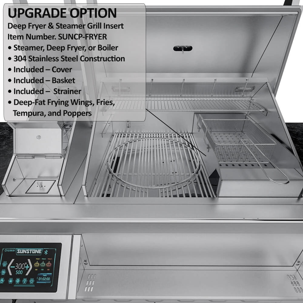 Sunstone Cypress grill with deep fryer & steamer insert upgrade, including basket and stainless cooking area.