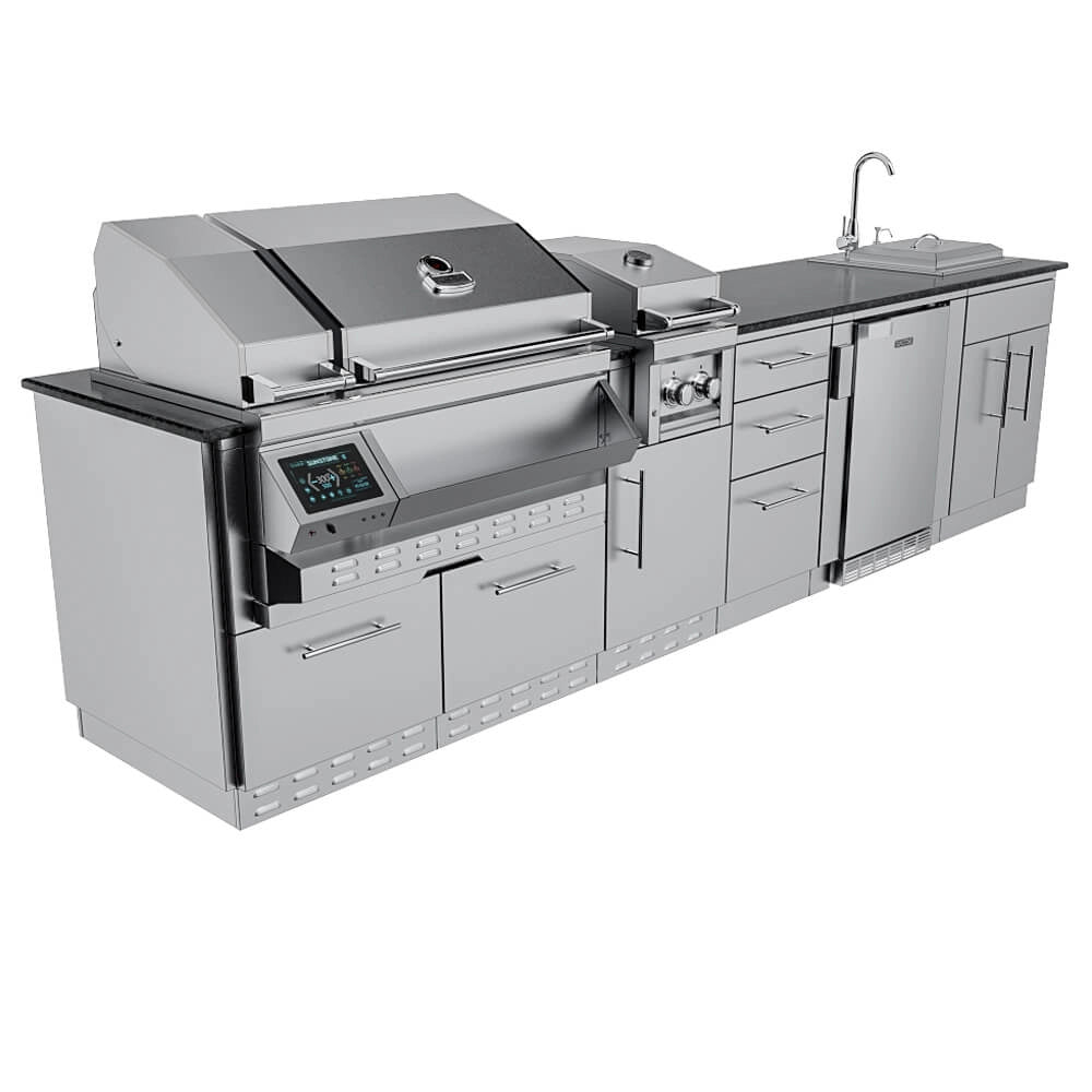 Sunstone SCPCYPRESS11.6 Cypress Outdoor Kitchen Island 3D render showing complete stainless kitchen package with grill, side burner, drawers, outdoor fridge, and sink.