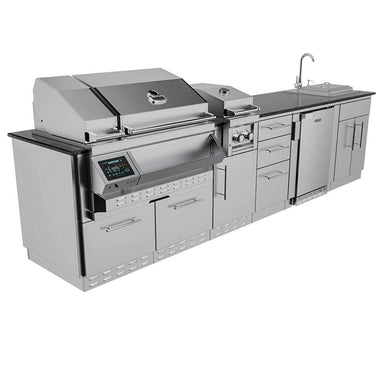Sunstone SCPCYPRESS11.6 Cypress Outdoor Kitchen Island 3D render showing complete stainless kitchen package with grill, side burner, drawers, outdoor fridge, and sink.