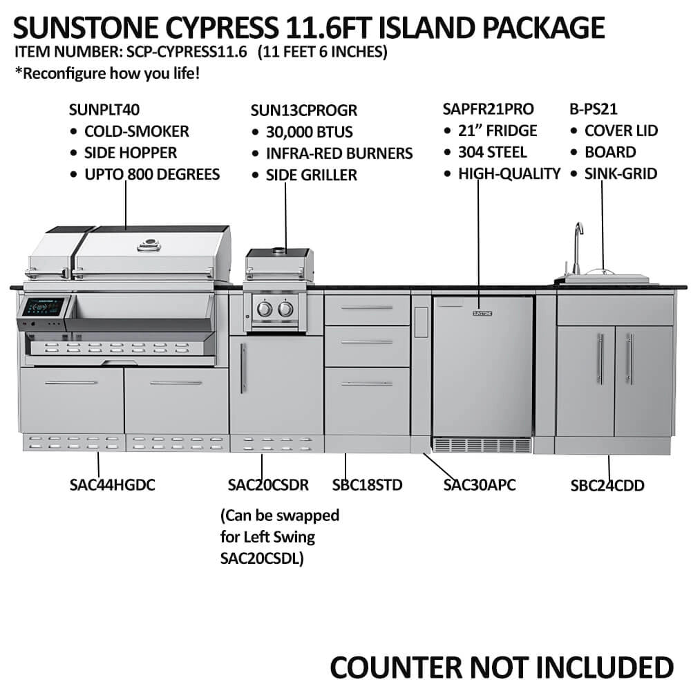 Sunstone SCPCYPRESS11.6 Cypress 11.6ft island package diagram with labeled components (grill, side burner, fridge, sink base) and note that countertop is not included.