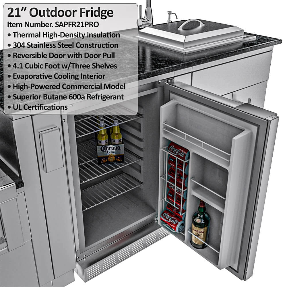 Sunstone Cypress 21-inch stainless outdoor refrigerator with door open, showing shelves and beverage storage.