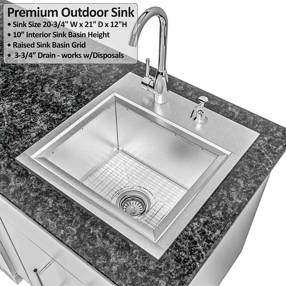 Sunstone Cypress premium outdoor sink basin with raised grid and drain, shown in close-up.