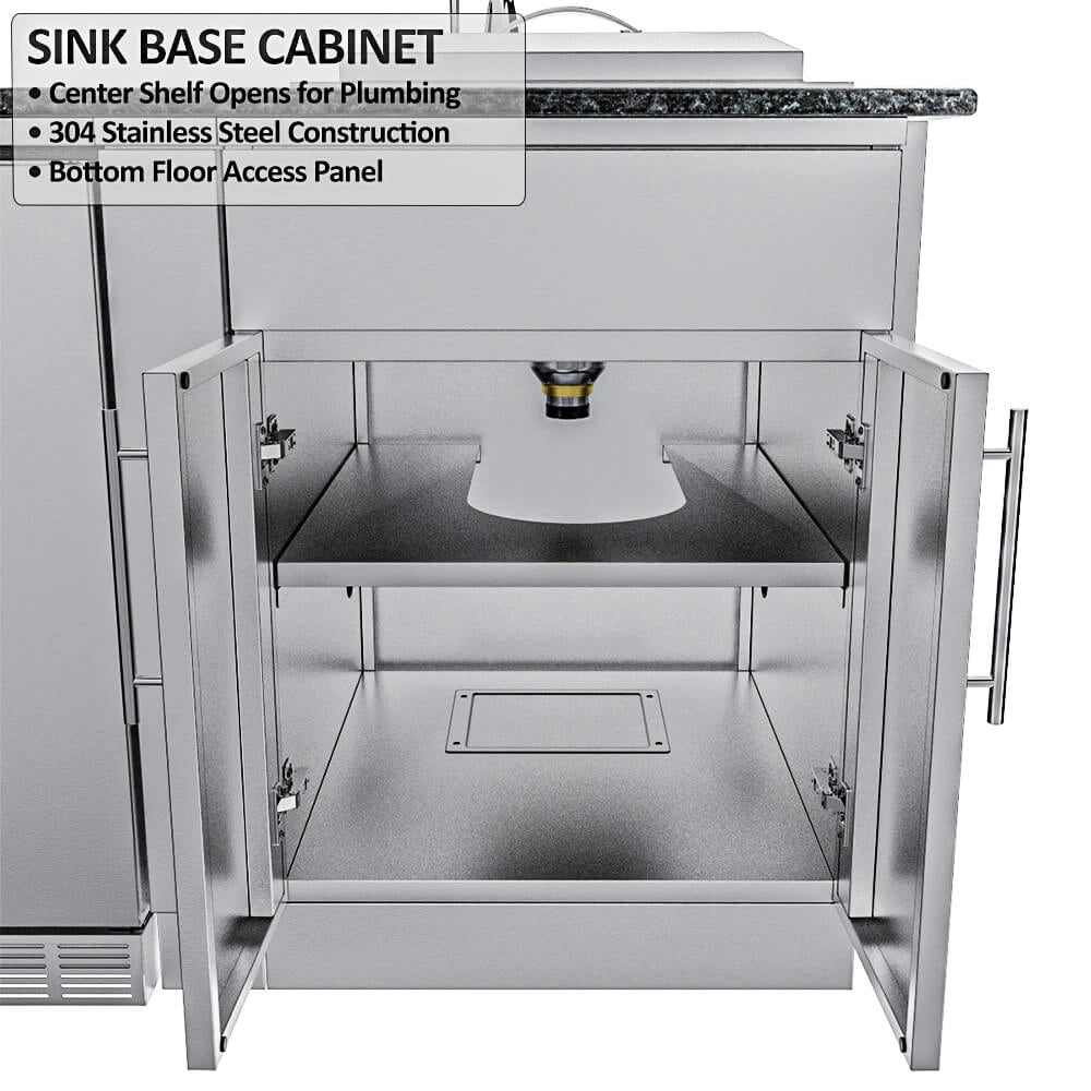 Sunstone Cypress sink base cabinet with doors open, showing plumbing access shelf and bottom access panel.