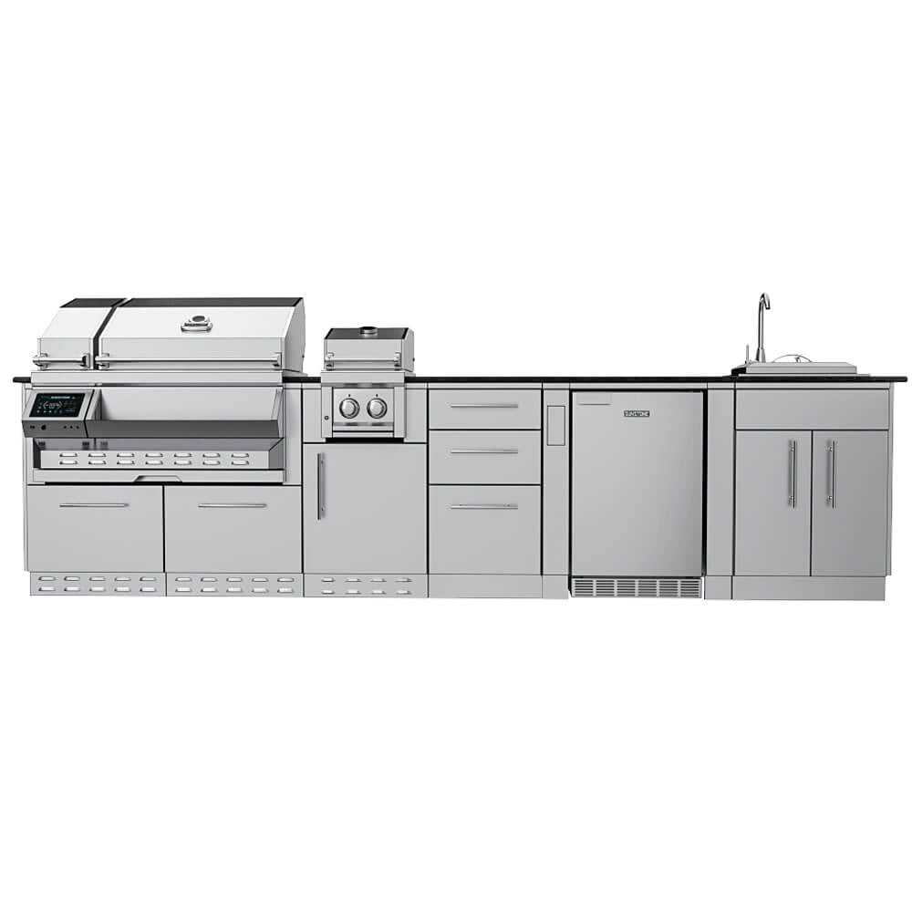 Front elevation render of Sunstone SCPCYPRESS11.6 Cypress Outdoor Kitchen Island showing linear layout with grill, side burner, drawers, outdoor fridge, and sink cabinet.