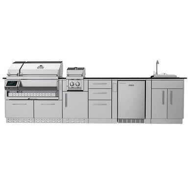 Front elevation render of Sunstone SCPCYPRESS11.6 Cypress Outdoor Kitchen Island showing linear layout with grill, side burner, drawers, outdoor fridge, and sink cabinet.
