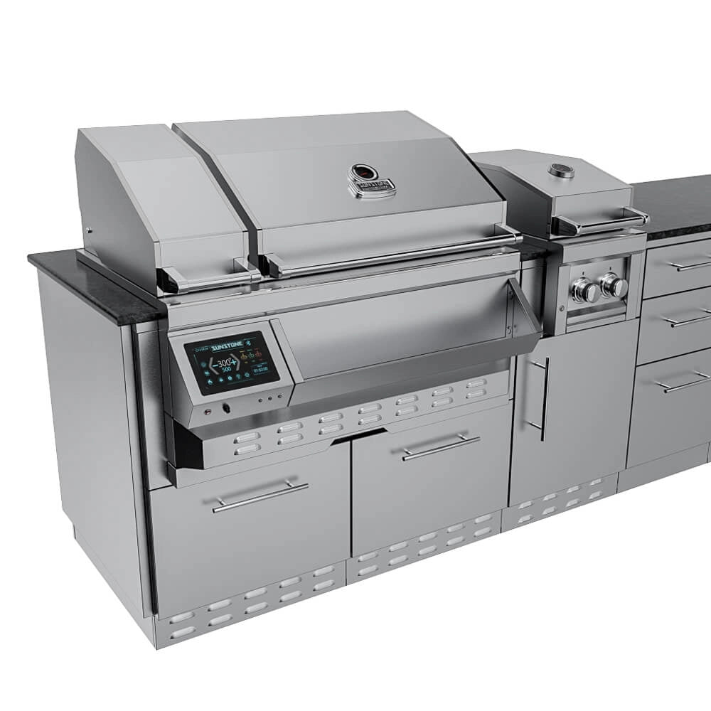 Touchscreen control panel, and heavy-duty cooking grates. Close-up of Sunstone Cypress stainless gas grill and adjacent side burner with open lids, touchscreen control panel, and heavy-duty cooking grates.