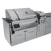 Touchscreen control panel, and heavy-duty cooking grates. Close-up of Sunstone Cypress stainless gas grill and adjacent side burner with open lids, touchscreen control panel, and heavy-duty cooking grates.