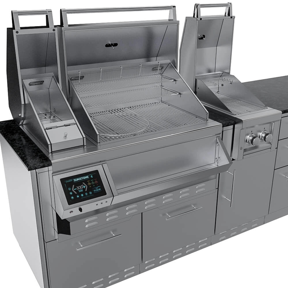 Close-up of Sunstone Cypress stainless gas grill and adjacent side burner with open lids, touchscreen control panel, and heavy-duty cooking grates.