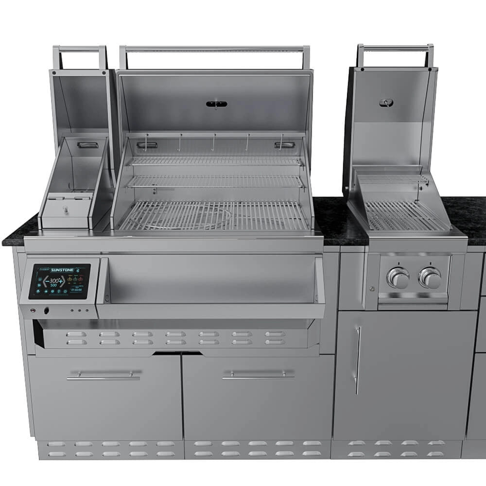 Front close-up of Sunstone Cypress grill and side burner combo with open lids, warming rack, grilling grates, and stainless cabinet base.