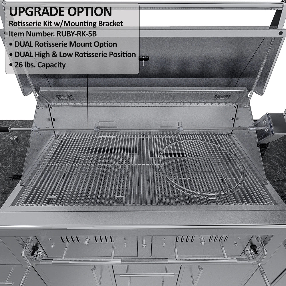 Sunstone Dallas 14 ft Hybrid Grill Island with rotisserie kit upgrade and mounting bracket on stainless charcoal grill