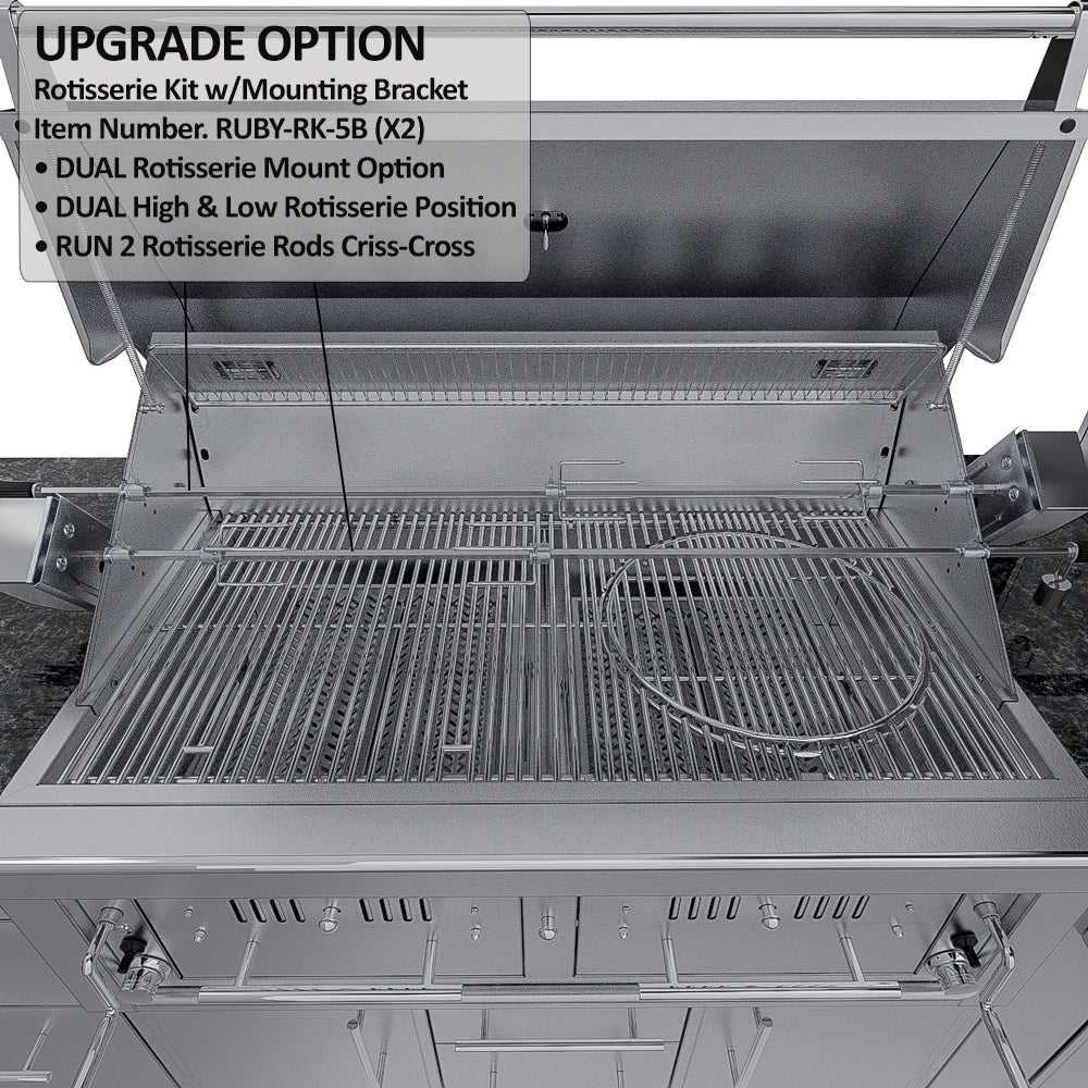 Sunstone Dallas 14 ft Hybrid Grill Island with dual rotisserie kit and mounting bracket installed on open charcoal grill