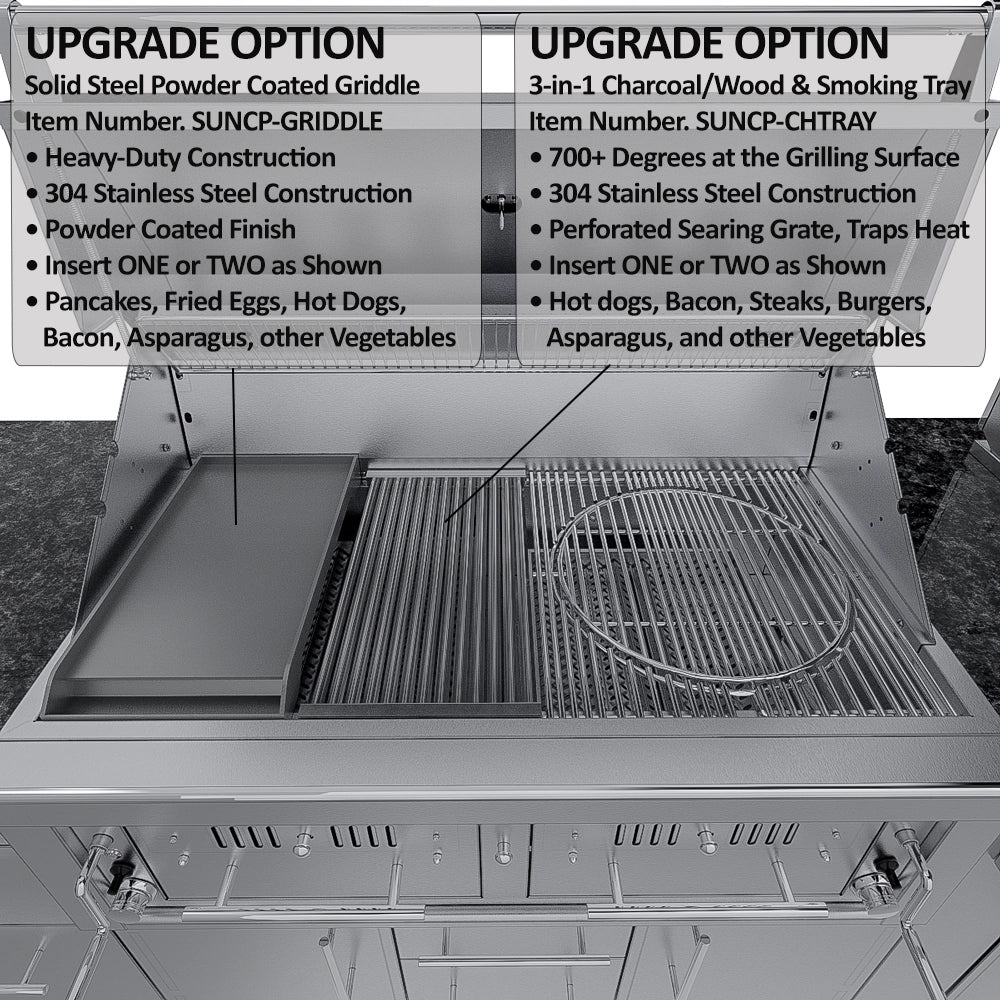 Sunstone Dallas 14 ft Hybrid Grill Island with powder-coated griddle and charcoal smoking tray upgrade inserts