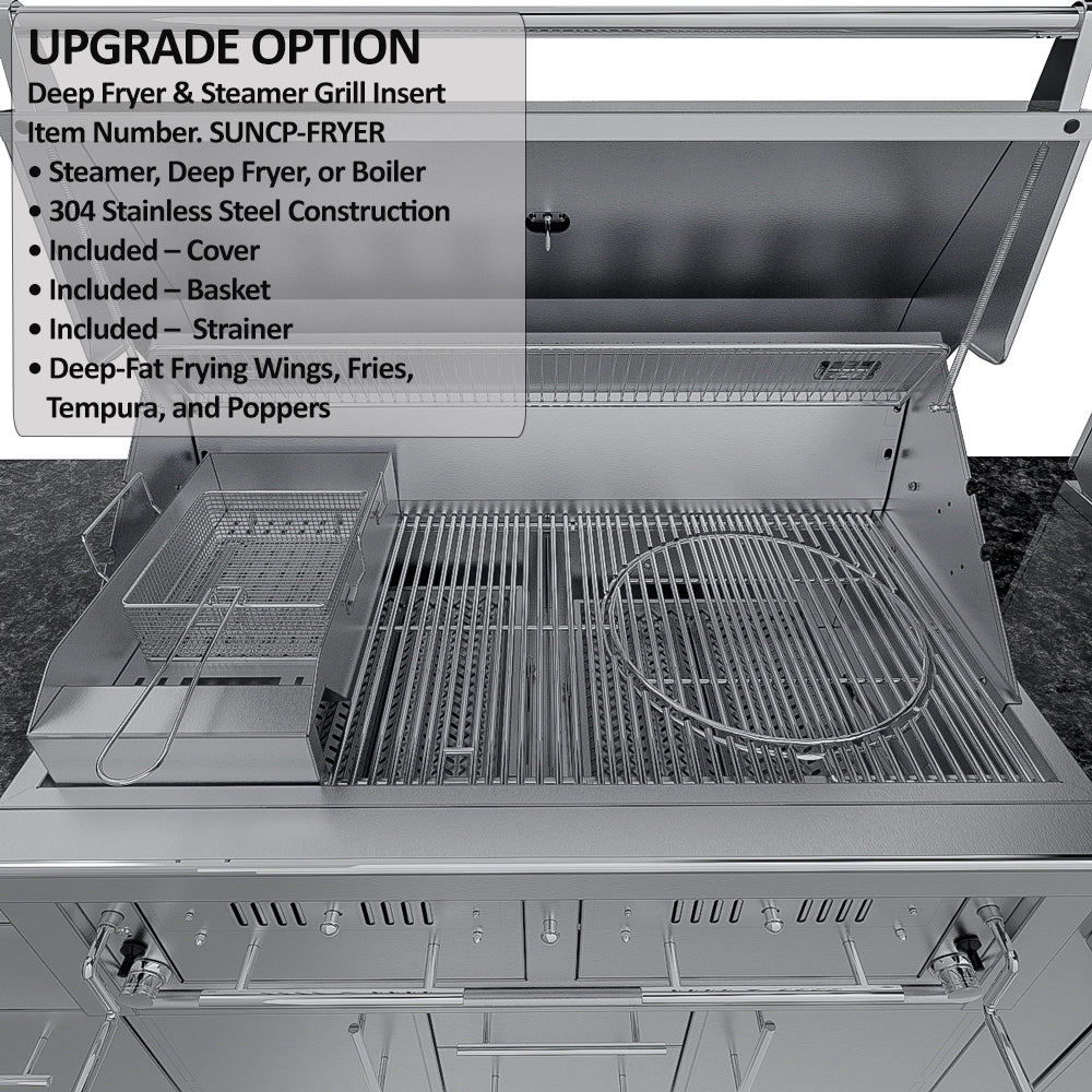 Sunstone Dallas 14 ft Hybrid Grill Island upgrade with deep fryer and steamer grill insert, basket, strainer, and cover
