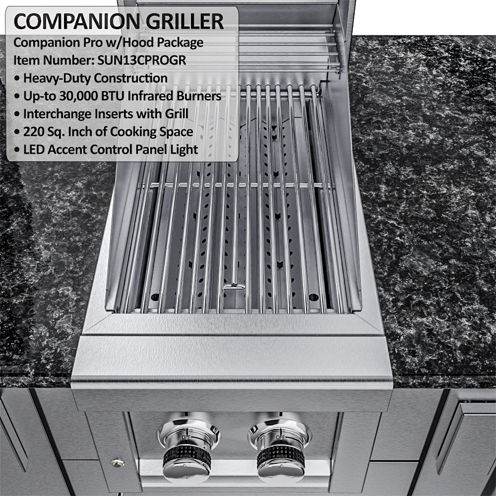 Sunstone Dallas 14 ft Hybrid Grill Island companion pro side griller with hood package and stainless steel cooking grates
