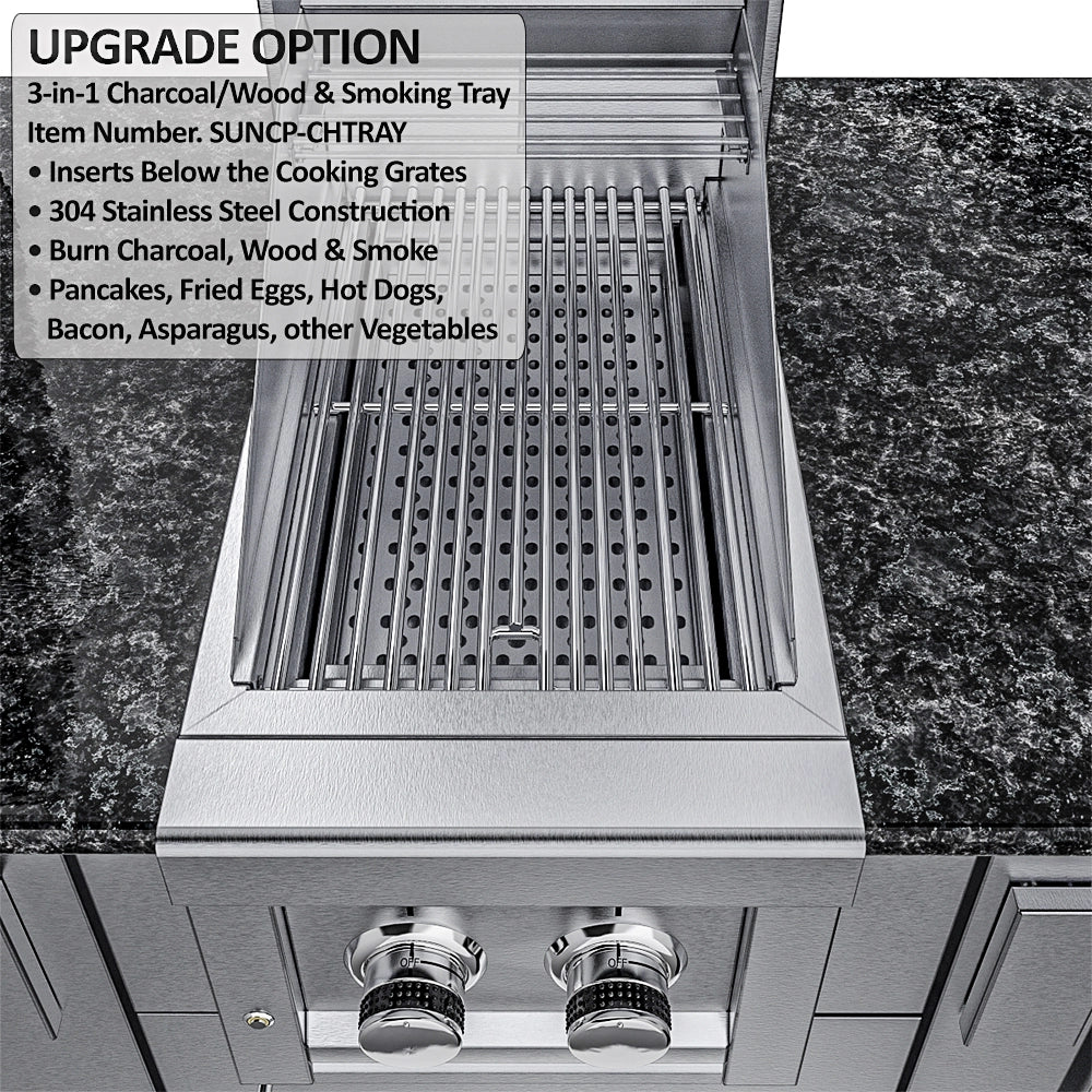 Sunstone Dallas 14 ft Hybrid Grill Island upgrade option with 3-in-1 charcoal and smoking tray below stainless cooking grates