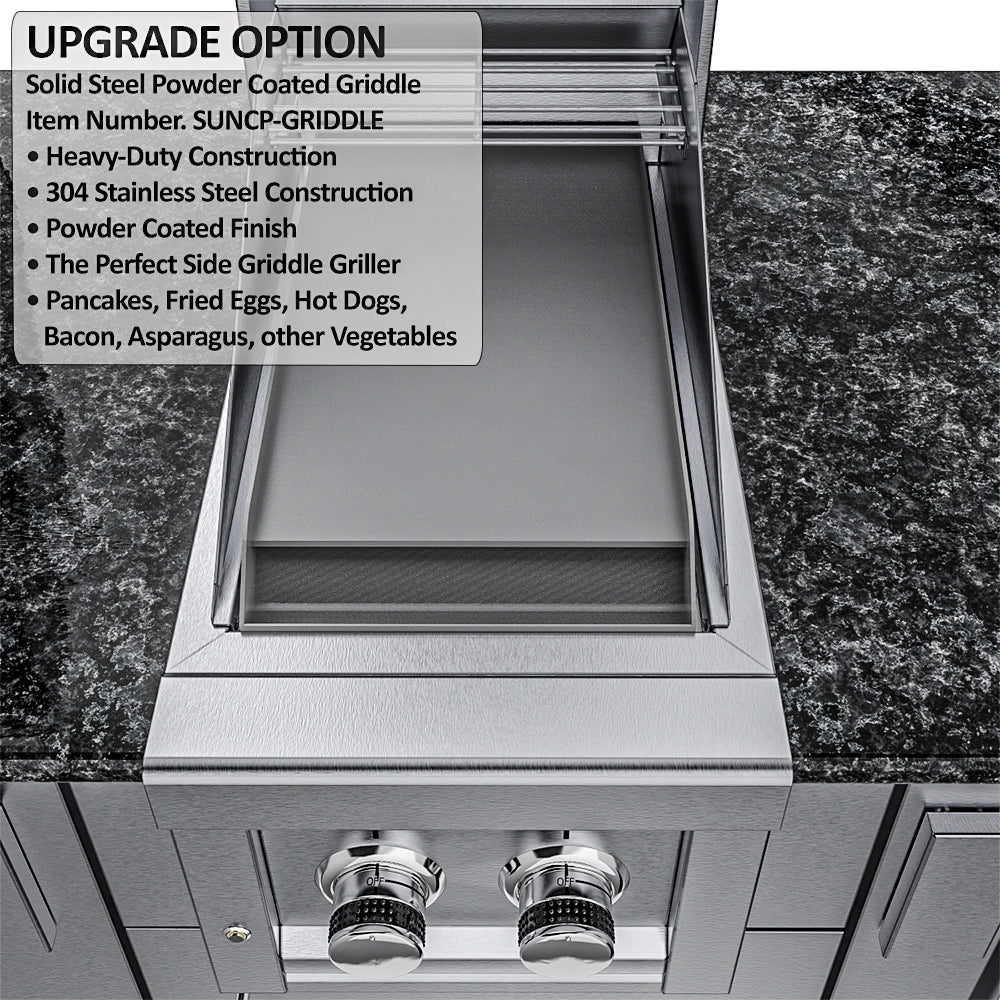 Sunstone Dallas 14 ft Hybrid Grill Island upgrade option with solid steel powder-coated griddle insert for outdoor cooking