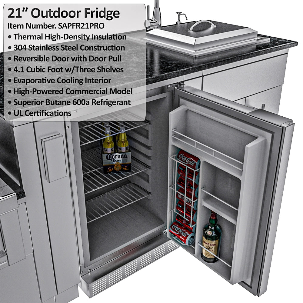 Sunstone Dallas 14 ft Hybrid Grill Island 21-inch outdoor fridge with open reversible door, stainless steel finish, and storage shelves