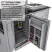 Sunstone Dallas 14 ft Hybrid Grill Island 21-inch outdoor fridge with open reversible door, stainless steel finish, and storage shelves