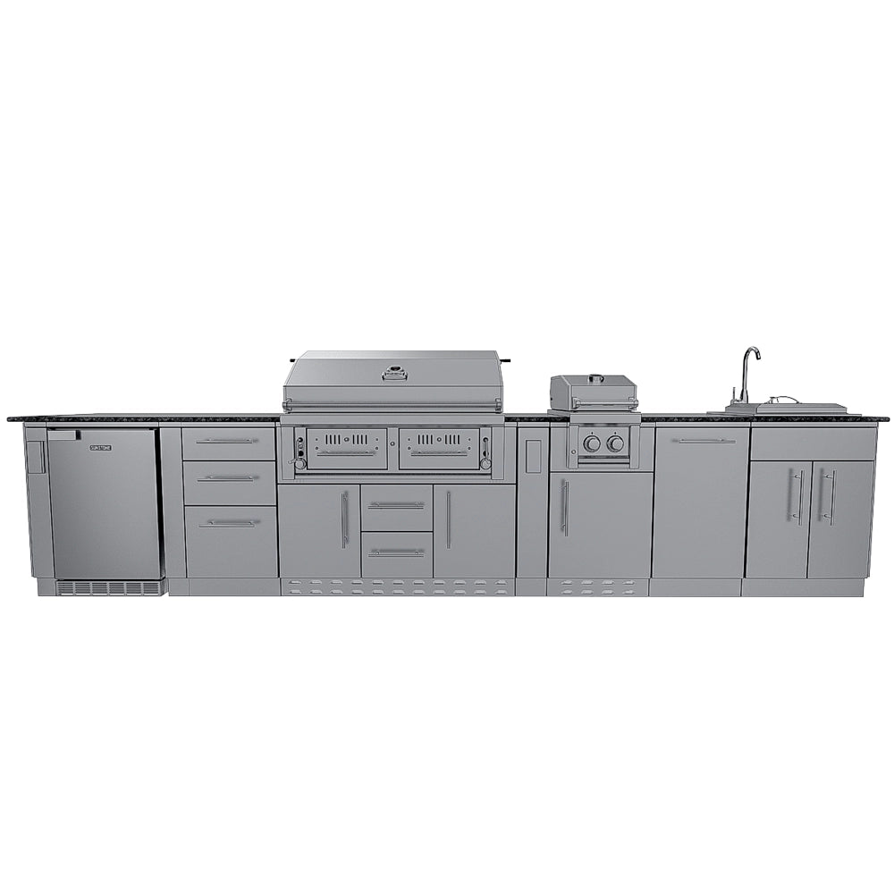 Sunstone Dallas 14 ft Hybrid Grill Island full front view with outdoor fridge, 42-inch grill, side griller, sink, and drawers