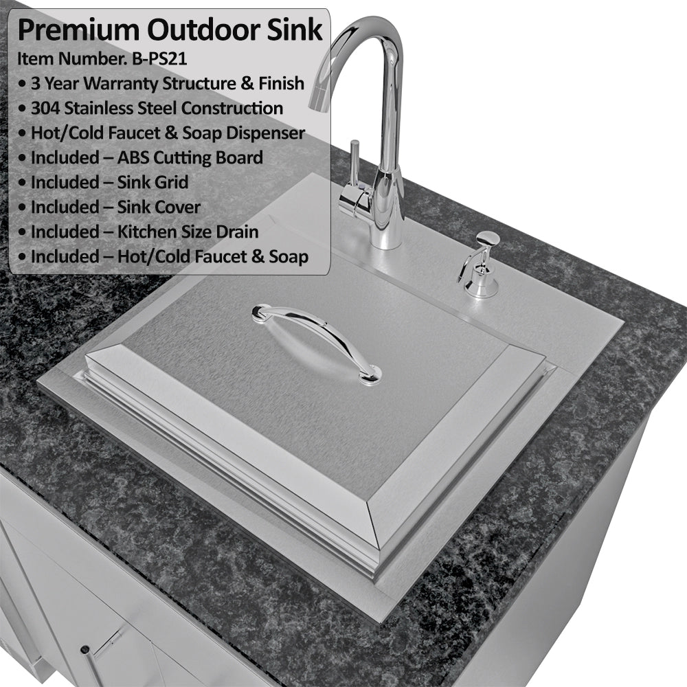 Sunstone Dallas 14 ft Hybrid Grill Island premium outdoor sink with stainless steel cover, faucet, soap dispenser, and accessories