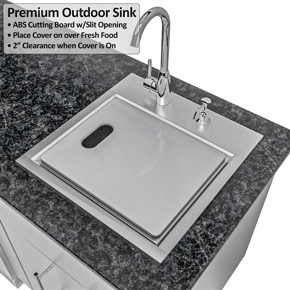 Sunstone Dallas 14 ft Hybrid Grill Island outdoor sink with fitted ABS cutting board cover and stainless steel faucet