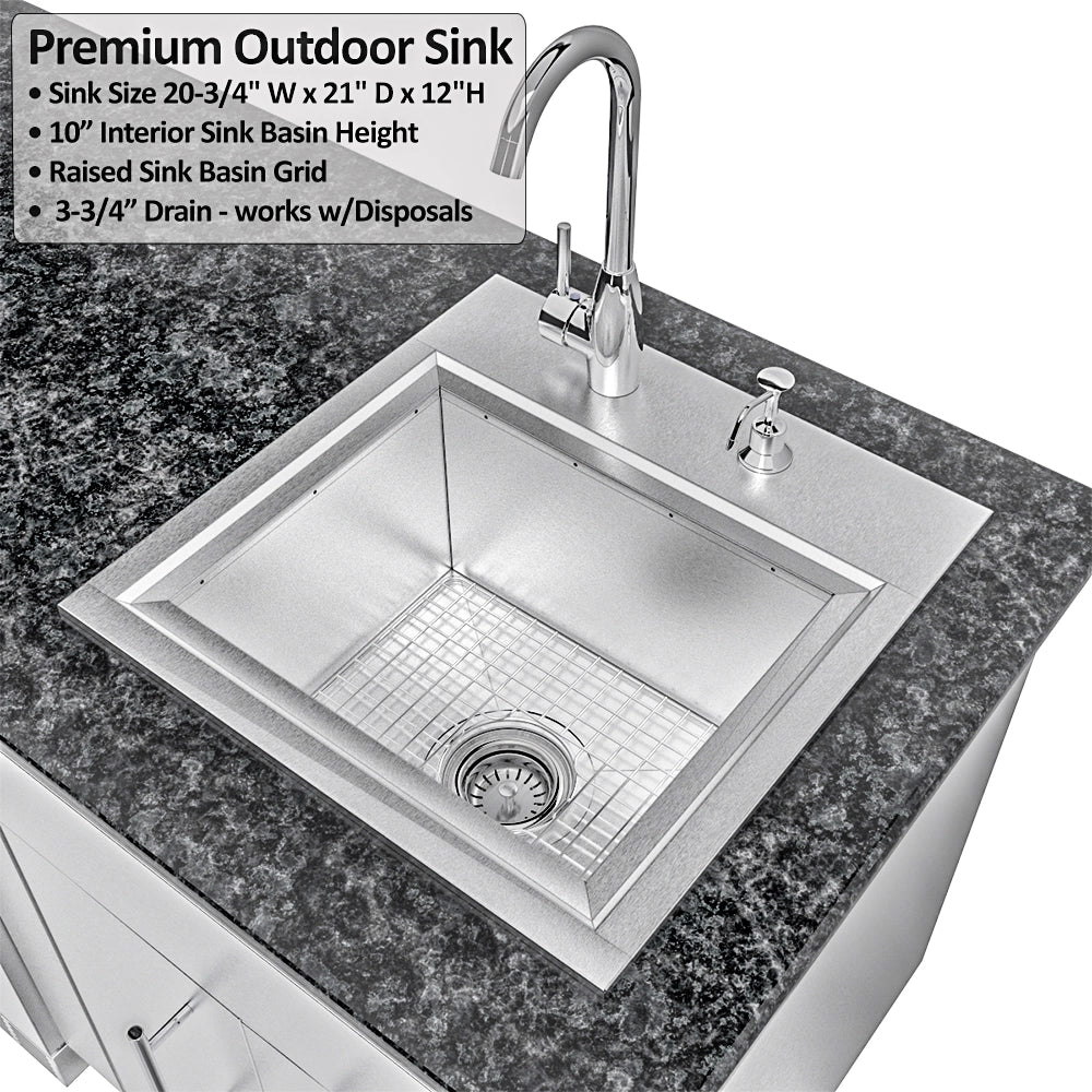 Sunstone Dallas 14 ft Hybrid Grill Island premium outdoor sink with stainless steel basin, faucet, soap dispenser, and raised sink grid