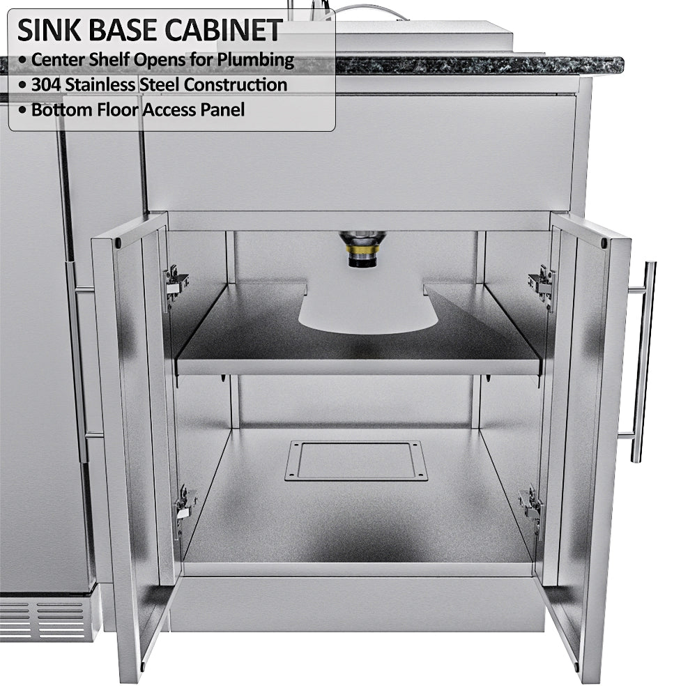 Sunstone Dallas 14 ft Hybrid Grill Island sink base cabinet with open stainless steel doors, center shelf access, and bottom plumbing panel