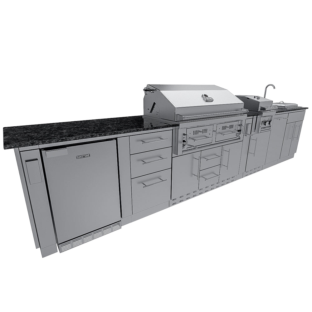 Sunstone Dallas 14 ft Hybrid Grill Island front angle with outdoor fridge, charcoal grill, side griller, sink, and cabinet storage