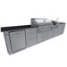 Sunstone Dallas 14 ft Hybrid Grill Island front angle with outdoor fridge, charcoal grill, side griller, sink, and cabinet storage