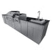Sunstone Dallas 14 ft Hybrid Grill Island angled view with charcoal grill, side griller, sink station, and stainless storage cabinets