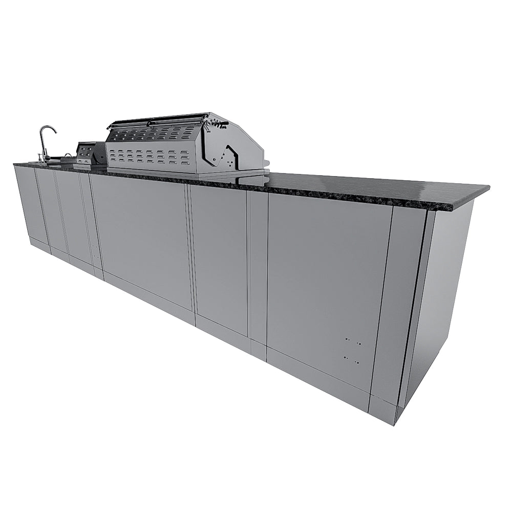 Sunstone Dallas 14 ft Hybrid Grill Island rear view with long countertop, grill housing, sink, and outdoor kitchen frame