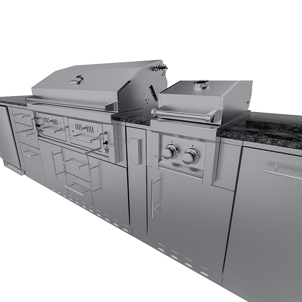 Sunstone Dallas 14 ft Hybrid Grill Island angled front view with main grill, side burner, storage drawers, and cabinets