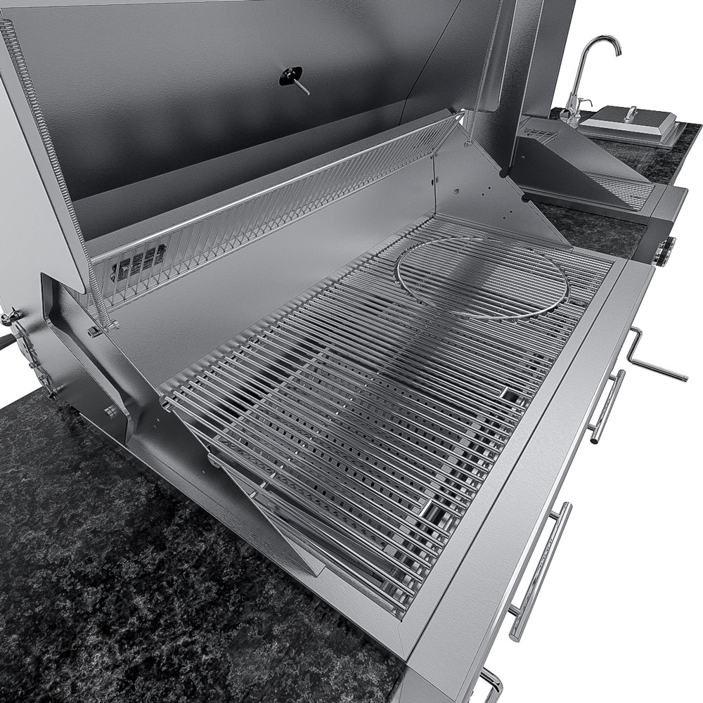 Sunstone Dallas 14 ft Hybrid Grill Island open 42-inch charcoal grill with stainless grates and pizza stone rack insert