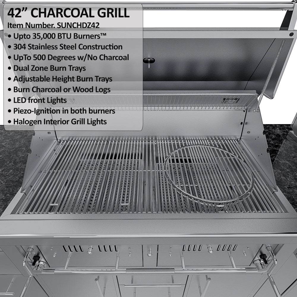 Sunstone Dallas 14 ft Hybrid Grill Island 42-inch charcoal grill with stainless cooking grates and open hood