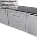Sunstone SCPFRENCHQUARTER13.7 French Quarter Island warming drawer front view with designer panel and large handle beside under-counter fridge.