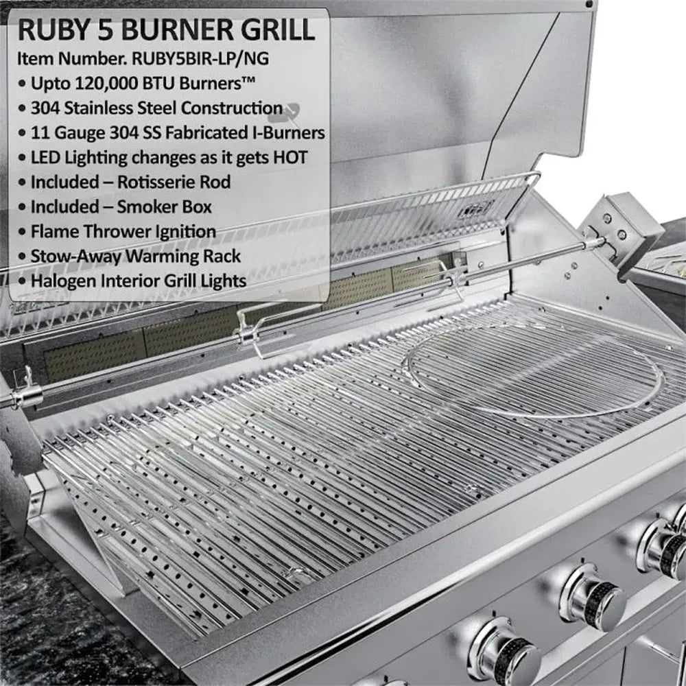 Sunstone SCPFRENCHQUARTER13.7 French Quarter Island Ruby 5-burner stainless grill interior with full-width cooking grates and warming rack.