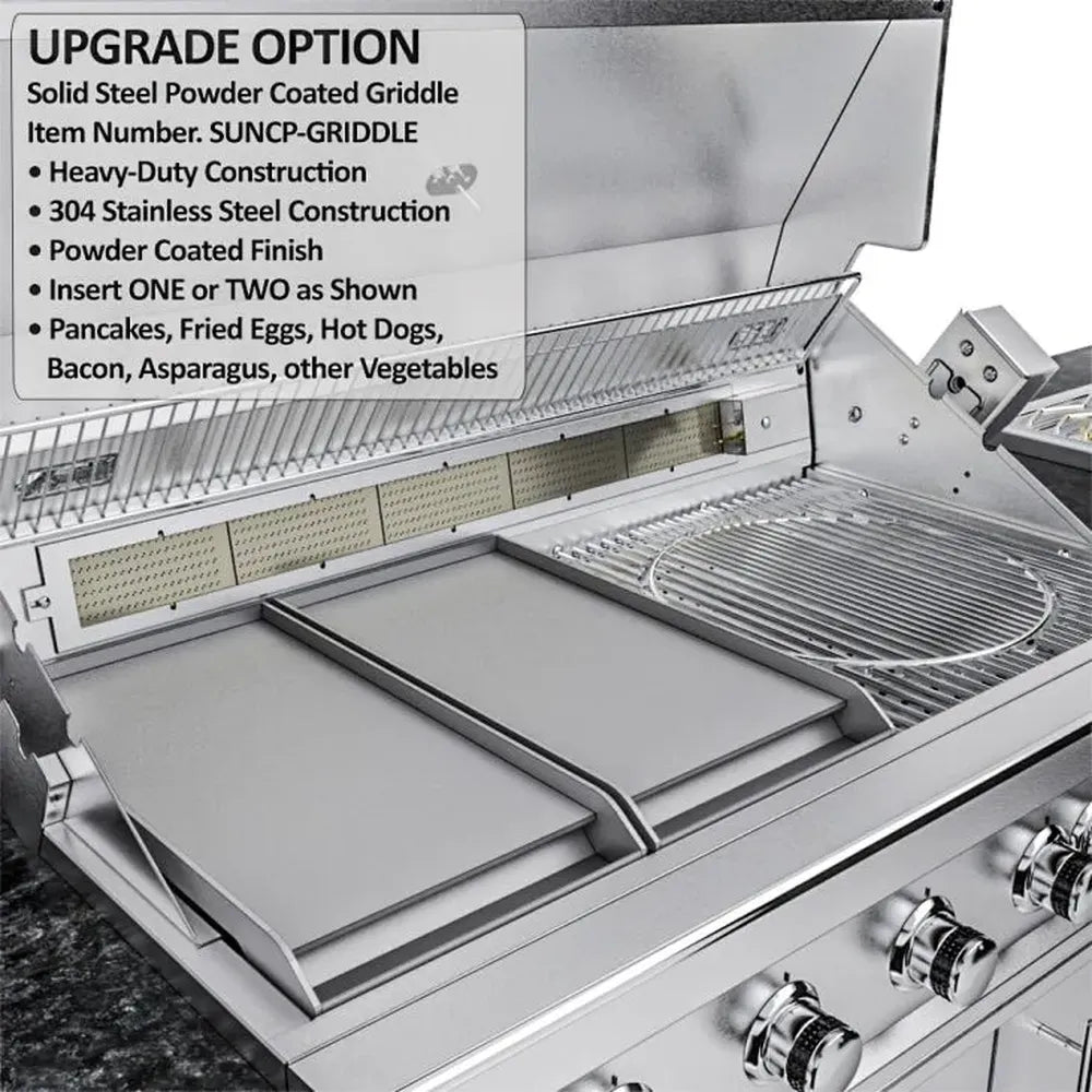 Sunstone SCPFRENCHQUARTER13.7 French Quarter Island grill upgrade option showing solid steel powder-coated griddle inserts installed over burners.