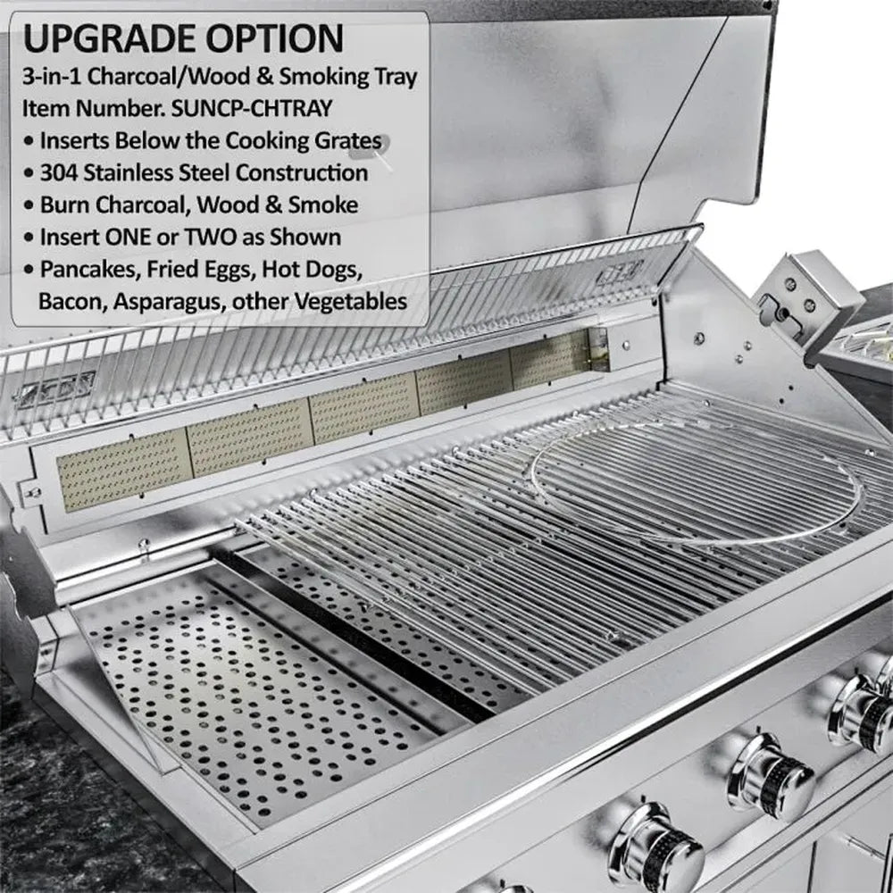 Sunstone SCPFRENCHQUARTER13.7 French Quarter Island grill upgrade option with 3-in-1 charcoal/wood smoking tray insert beneath cooking grates.