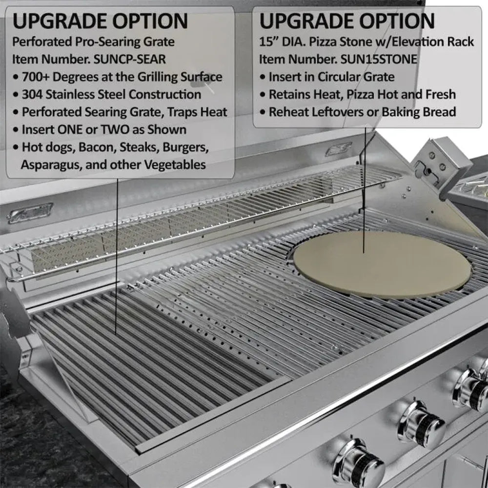 Sunstone SCPFRENCHQUARTER13.7 French Quarter Island grill upgrade options featuring perforated pro-searing grate and 15-inch pizza stone on elevated rack.