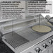 Sunstone SCPFRENCHQUARTER13.7 French Quarter Island grill upgrade options featuring perforated pro-searing grate and 15-inch pizza stone on elevated rack.