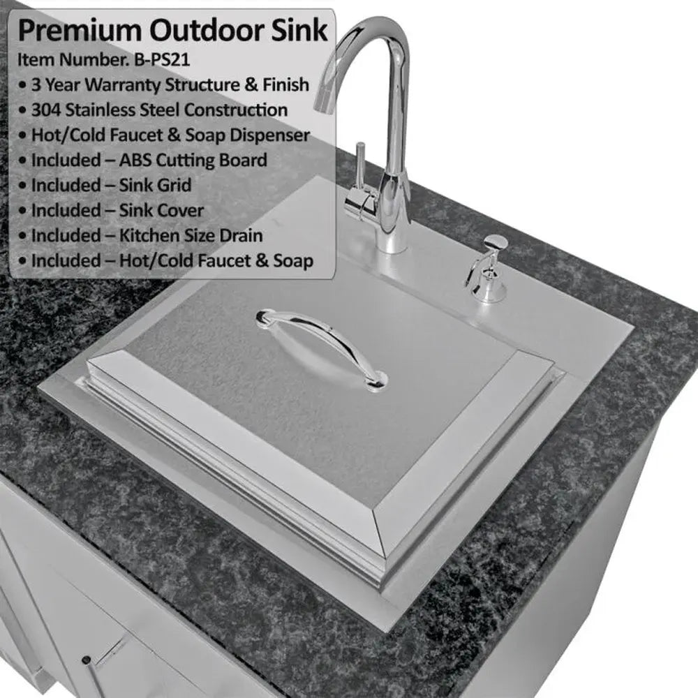 Sunstone SCPFRENCHQUARTER13.7 French Quarter Island premium outdoor sink station with stainless sink cover and high-arc faucet on granite counter.